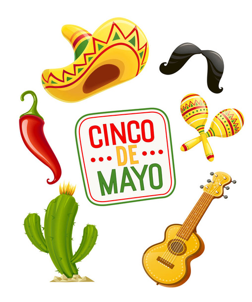 Cactus, sombrero, guitar, moustache, pepper, maracas. Set - Vector, Imagen