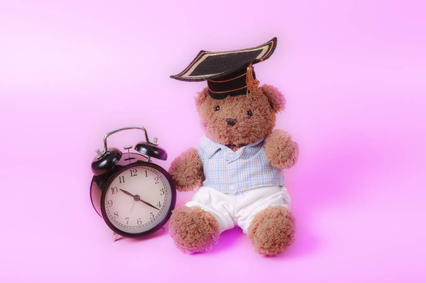 Reloj despertador vintage con oso de peluche sobre fondo rosa
 - Foto, imagen