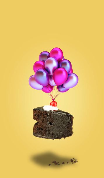 Izolované čokoládu třešňový dort s balonky na žlutém podkladu. Čokoládový koláč. Létající brownie se smetanou. - Fotografie, Obrázek