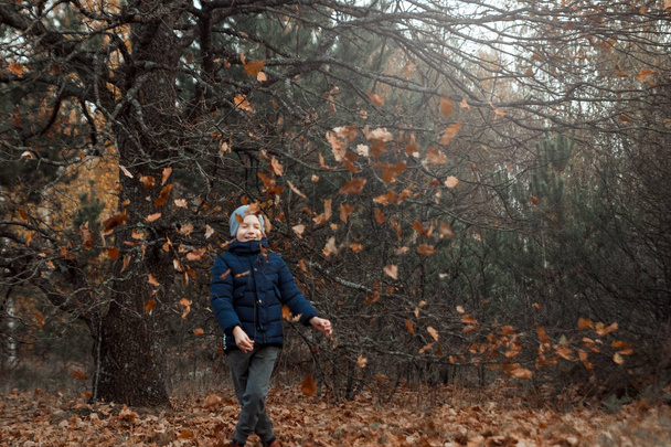 A pile of autumn, yellow foliage, a child, a boy playing with foliage in a park, throws up leaves. Concept autumn, yellow leaves, autumn mood. Copy space. - Foto, Bild