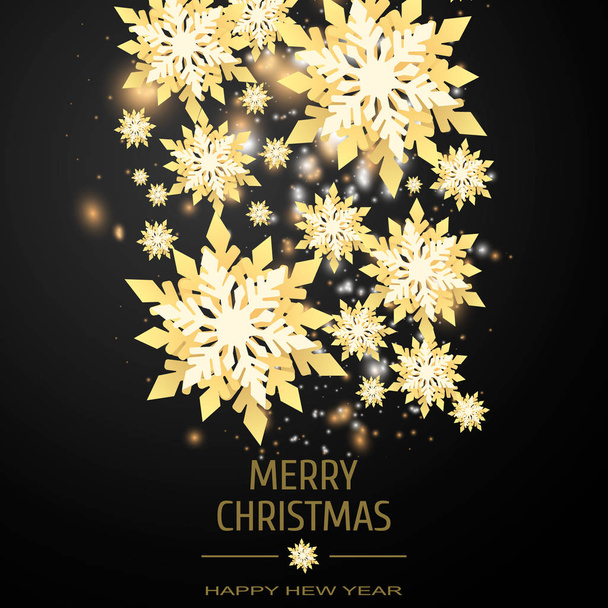 Vánoční pozadí s zářící zlaté sněhové vločky a sníh. Veselé vánoční pohlednice ilustrace na černém pozadí. Šumivé zlaté sněhové vločky s třpytivou texturou - Vektor, obrázek