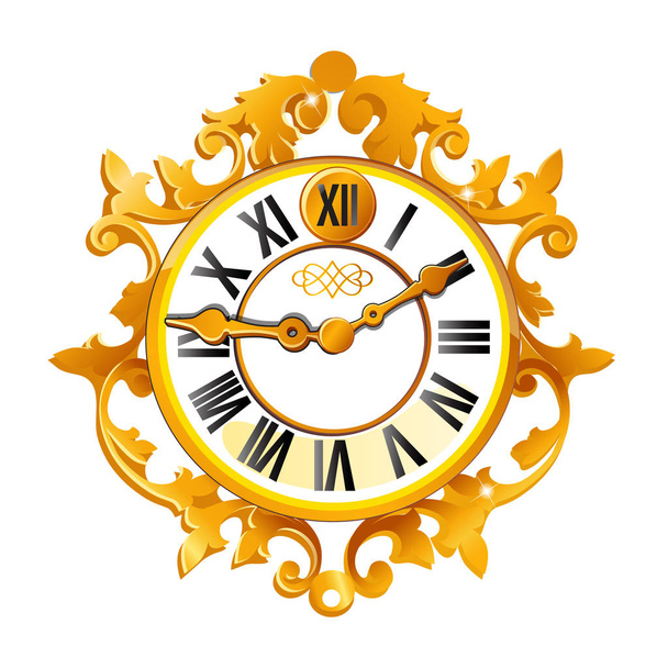 Vintage golden wall clock with ornate dial isolated on white background. Sample of Christmas and New year greeting card, festive poster or party invitations. Vector cartoon close-up illustration. - Vektör, Görsel
