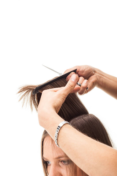 Профессиональный парикмахер с длинными волосами модели, изолированные на белом фоне
 - Фото, изображение