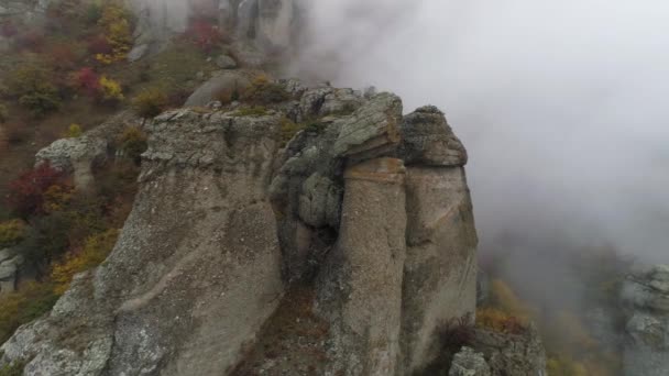 近くの崖の石の柱を表示します。ショット。濃い霧の中を近づいて岩の石柱の平面図です。カラフルな低木と密な灰色の霧山の秋の風景 - 映像、動画