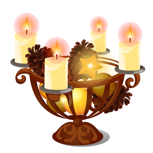 Boceto navideño con velas encendidas en candelabro de hierro con decoraciones naturales festivas y estrella resplandeciente aislada sobre fondo blanco. ilustración de primer plano de dibujos animados vectoriales
. - Vector, Imagen
