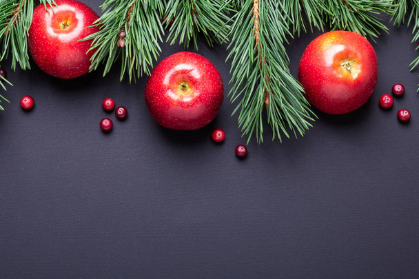 Christmas background with tree branches, red apples and cranberries. Dark wooden table. Top view. Copy space - 写真・画像