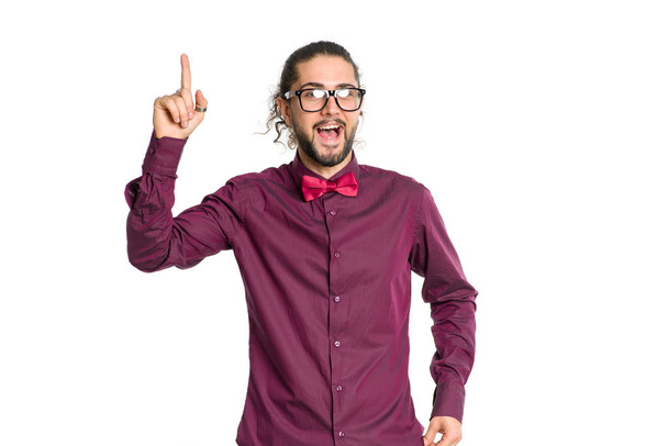 Happy man with glasses shows his finger up. - Foto, imagen