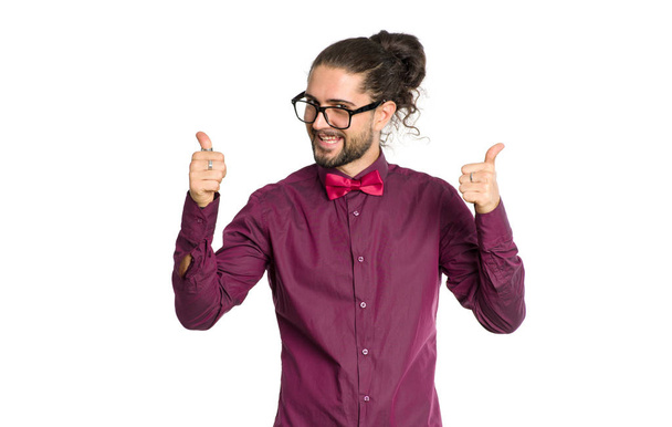 Happy man in glasses shows thumbs up.  Like. - Photo, Image