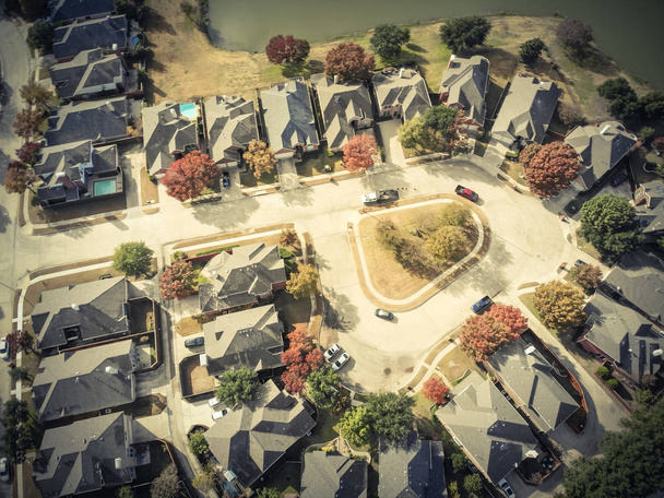 Vintage Toon verticale luchtfoto bovenste rij van enkele familie vrijstaande woningen rondom met kleurrijke herfstbladeren. Typische lakeside woonwijk in de buurt van Dallas, Texas, Usa - Foto, afbeelding