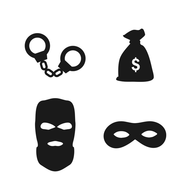 Набор грабителей. Наручники, денежная сумка, грабитель и маска Зорро. Изолированный на белом фоне
. - Вектор,изображение