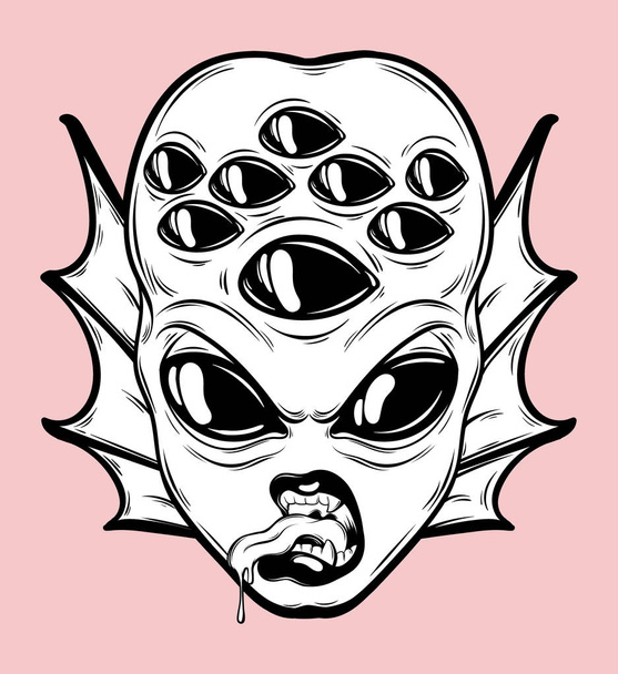 Vector hand drawn illustration of angry alien with many eyes isolated . Creative tattoo artwork. Template for card, poster, banner, print for t-shirt, pin, badge, patch. - Вектор,изображение