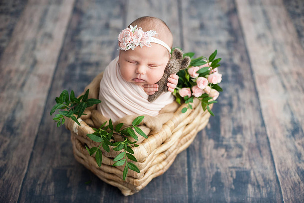 10 day old newborn baby is sleeping in basket. Two week old child. Beginning of life and happy fairy magic childhood concept. copy space - Foto, immagini