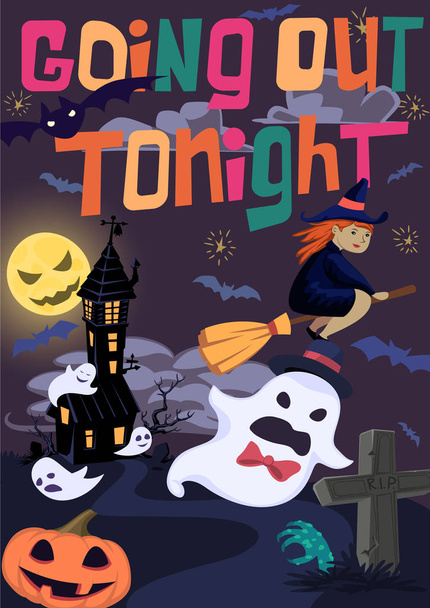Halloween poster met heks, vleermuizen en geest vliegen spookachtige huis uit. Uitgaan vanavond vector offerte - Vector, afbeelding