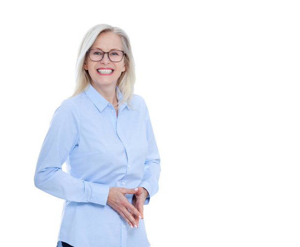Business woman in glasses and blue shirt isolated on white. Happy pretty women - Foto, imagen