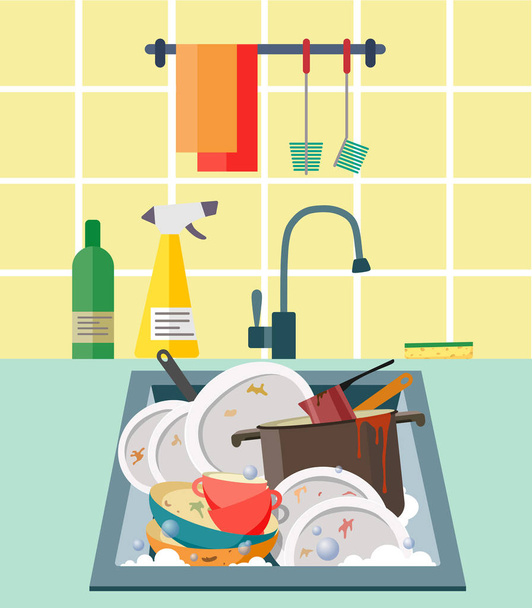 Sink with dirty dishes. Flat style illustration - Vector, Image