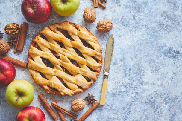 Νόστιμο γλυκό σπιτικό κέικ μηλόπιτας με ξυλάκια κανέλας, καρύδια και μήλα - Φωτογραφία, εικόνα