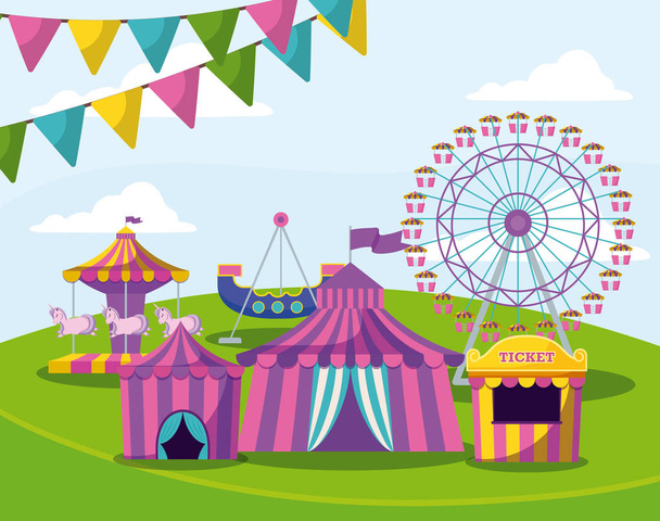 Парк развлечений с палатками и цирком
 - Вектор,изображение