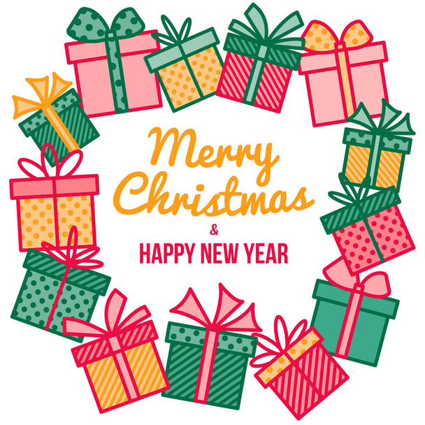 Kellemes karácsonyi ünnepeket és boldog új évet üdvözlő kártya kerek keret keresztkötés ajándék és jelen dobozokat, vektor vázlat készült - Vektor, kép