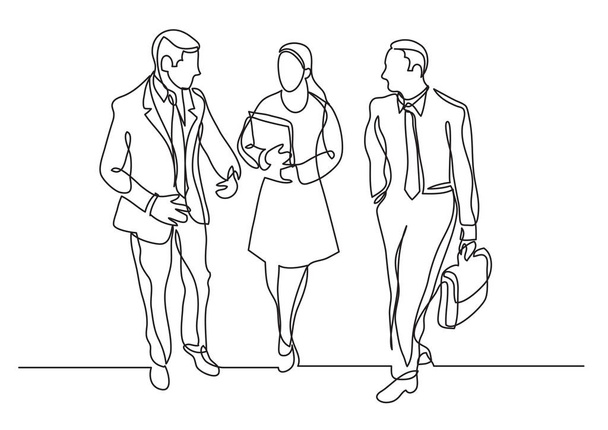 continuous line drawing of three business professionals walking talking - Vektor, kép