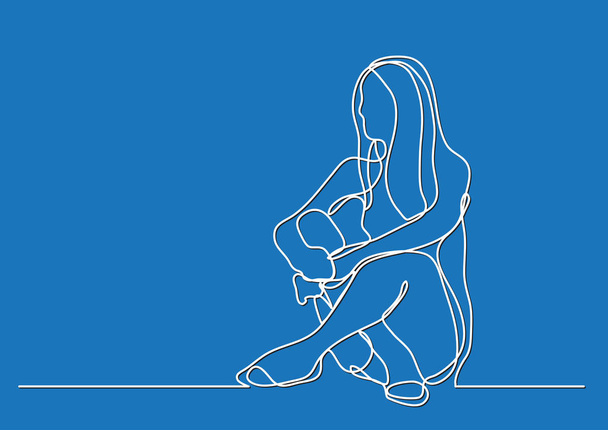 woman sitting on the floor - continuous line drawing - Vettoriali, immagini