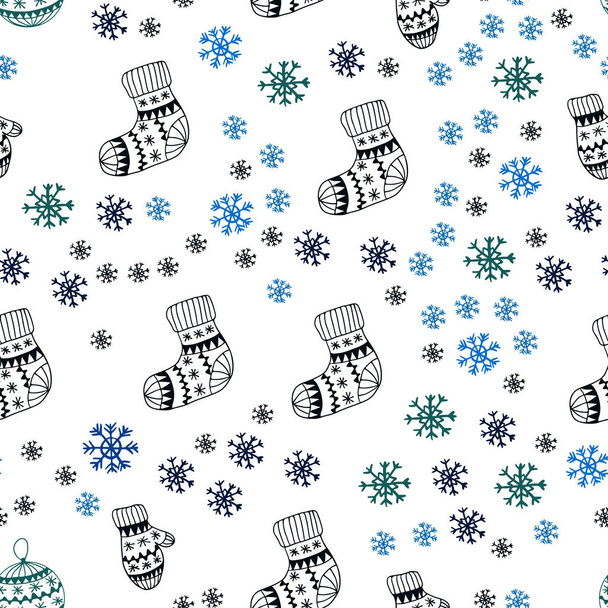 Σκούρο μπλε, πράσινο διάνυσμα απρόσκοπτη διάταξη με φωτεινά νιφάδες χιονιού, μπάλες, κάλτσες, γάντια. Πολύχρωμο διακοσμητικό σχεδιασμό σε στιλ Χριστούγεννα. Σχεδιασμός για την ταπετσαρία, ύφασμα ιθύνοντες. - Διάνυσμα, εικόνα