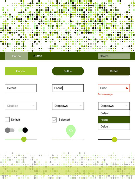 Ανοιχτό πράσινο διάνυσμα υλικό Kit σχεδιασμού με τελείες. Όμορφη ui κιτ ux με πολύχρωμες κουκκίδες στην κεφαλίδα της. Αυτό το πρότυπο μπορείτε να χρησιμοποιήσετε για προσγειωμένος σελίδες. - Διάνυσμα, εικόνα