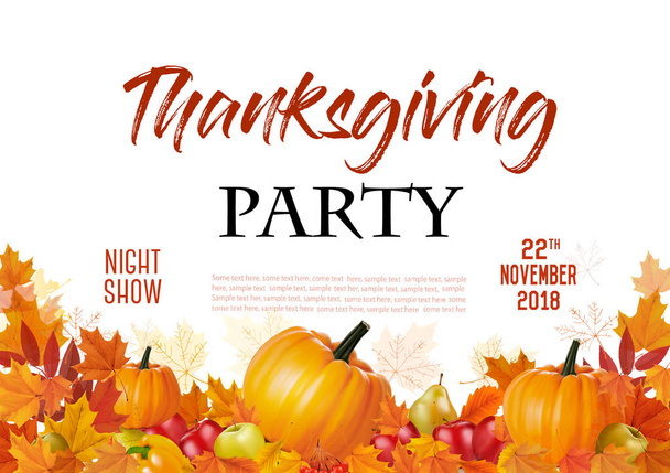 Happy Thanksgiving Party Flyer with colorful leaves and autumn vegetables. Vector. - Vector, Image