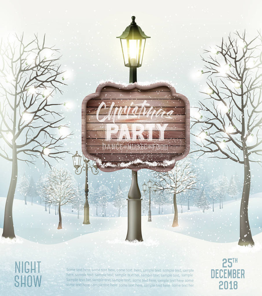 Fröhliche Weihnachtsfeier Flyer Hintergrund mit Winterlandschaft und Laternenpfahl. Vektor - Vektor, Bild