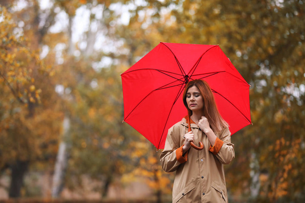 Woman with umbrella in autumn park on rainy day - Fotó, kép