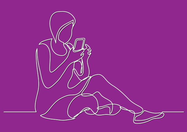 continuous line drawing of sitting young woman reading smart phone - Vetor, Imagem