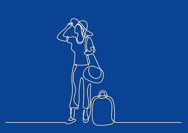 continuous line drawing of happy standing woman traveler with baggage - Διάνυσμα, εικόνα
