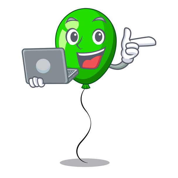 With laptop green balloon cartoon Birthday very funny vevtor illustration - Vector, Imagen