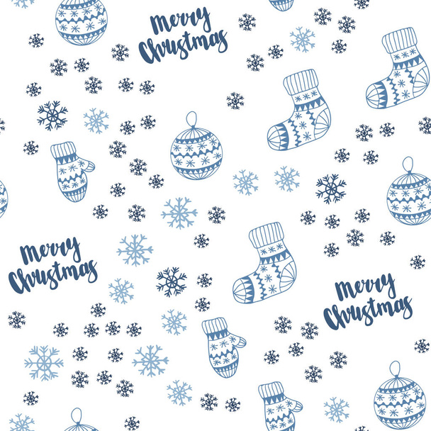 Ciemny niebieski wektor bezszwowe przykryć piękne płatki śniegu, kulki, skarpetki, rękawiczki. Ilustracja kolorowy z symbolami xmas. Wzorzec projektowania tkaniny, Tapety. - Wektor, obraz