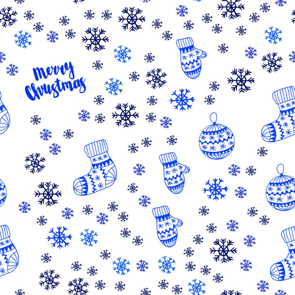 Fond sans couture vecteur bleu clair avec flocons de neige de Noël, boules, chaussettes, mitaines. Illustration abstraite géométrique moderne. Modèle pour tissu à la mode, fonds d'écran
. - Vecteur, image
