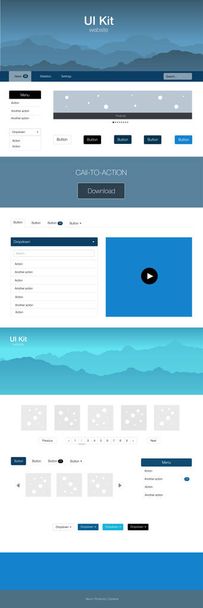 Dark BLUE vector wireframe kit with nature. Colorful Style guide with mountains on abstract background. Beautiful layout for websites, landing pages. - Vector, Image
