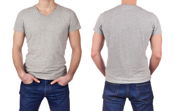 Front and back view of young man wearing blank gray t-shirt isolated on white background - Photo, Image