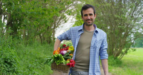 βίντεο από καυκάσιο αγρότη που κρατά φρέσκα λαχανικά στο καλάθι και χαμογελά  - Πλάνα, βίντεο