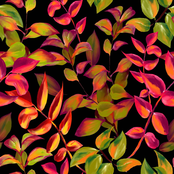 decorative fall leaves seamless pattern for surface design, fabric, wrapping paper, background. abstract style autumn illustration. natural leaf simple repeatable motif on black background - Zdjęcie, obraz