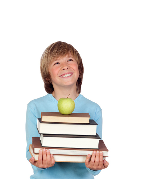 Rapaz adolescente com muitos livros olhando para cima
 - Foto, Imagem