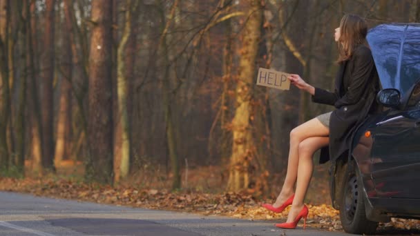 4 k. σέξι νεαρή γυναίκα στα κόκκινα ψηλοτάκουνα παπούτσια περιμένετε για βοήθεια σχετικά με την αφίσα - Πλάνα, βίντεο