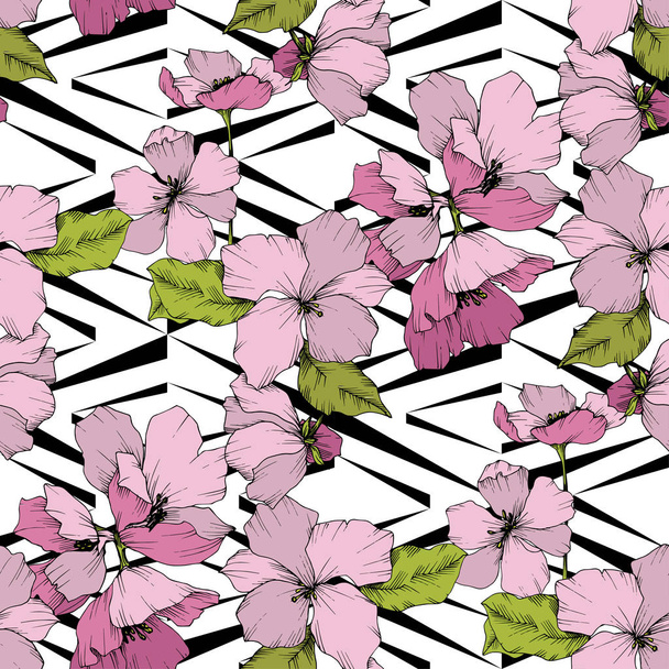Vector. Appe blossom flowers. Engraved ink art. Seamless backgro - Вектор, зображення