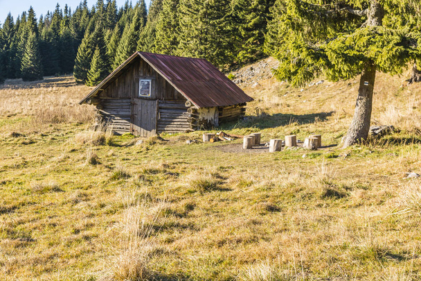 Likavka, Eslováquia - 17 de novembro de 2018: Velha cabana de pastor na clareira (Stredna polana) na trilha para Velky Choc
. - Foto, Imagem