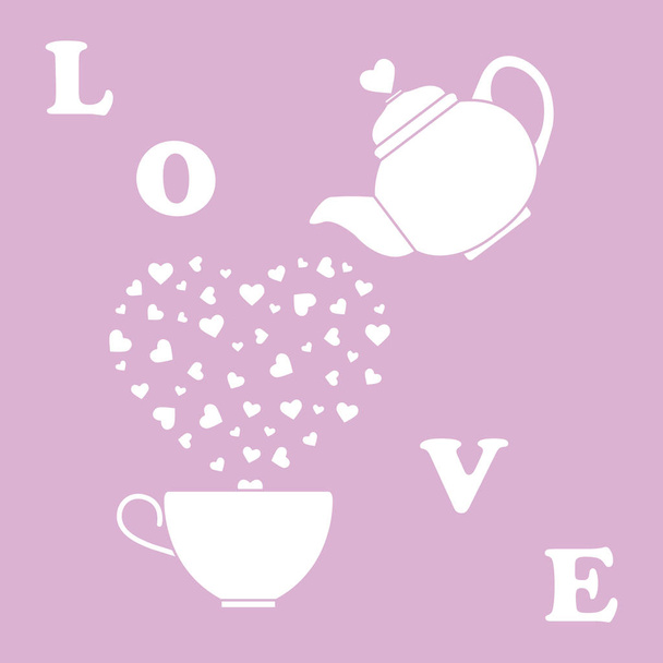 Vector illustration with kettle, cup of tea, hearts. Happy Valentine's Day. Design for party card, banner, poster or print. - Vektör, Görsel