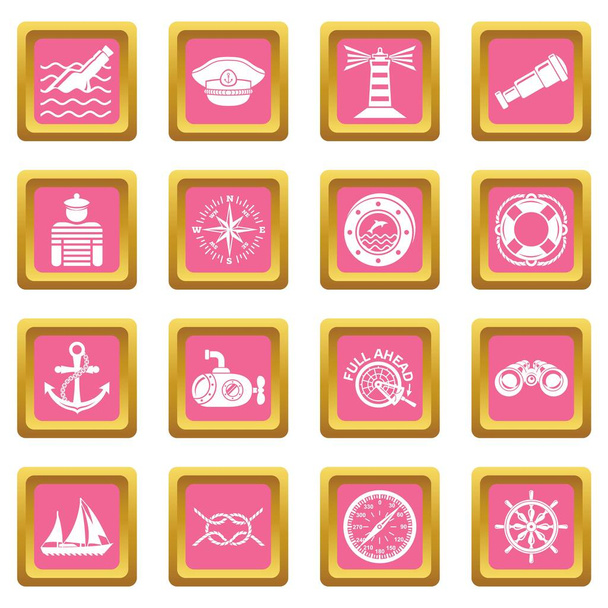 Nautical icons set pink square vector - Vector, Imagen
