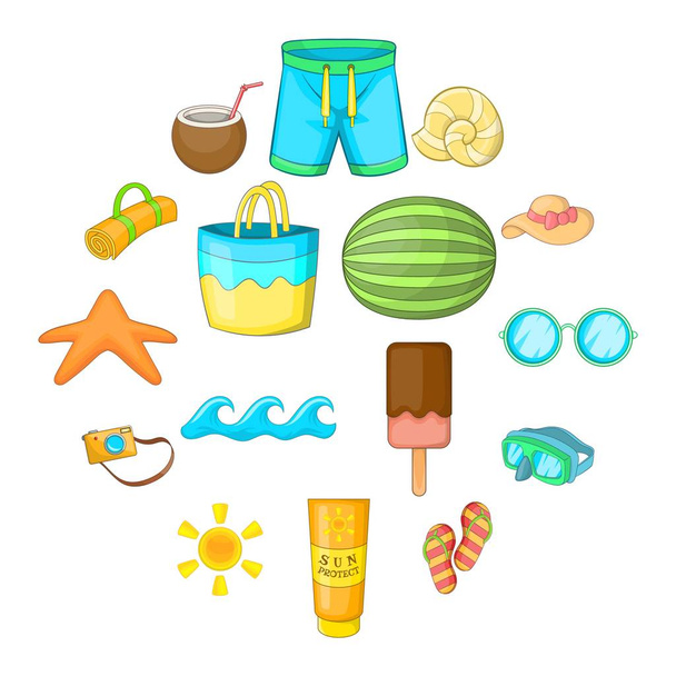 Summer items icons set, cartoon style - Vetor, Imagem