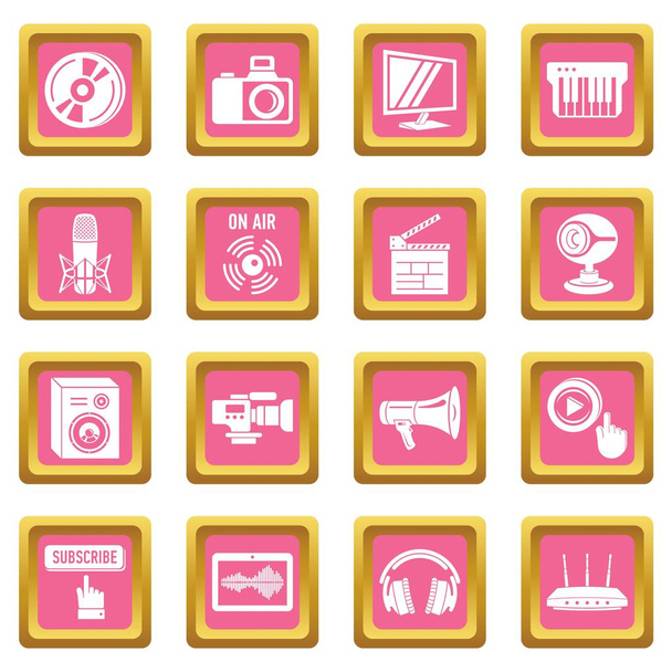 Multimedia internet icons set pink square vector - Vector, Image