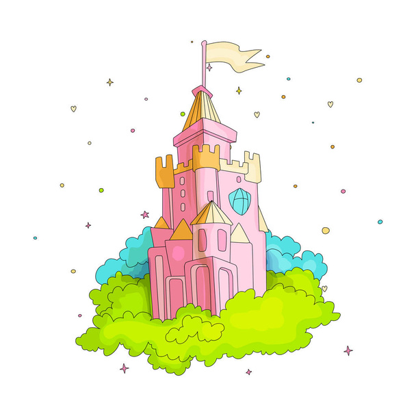 Cartoon medieval fun pink castle with flag and grass. Magic cartoon castle for princess from fairy tale icon. Funny pink cartoon castle with decoration background. - Vettoriali, immagini