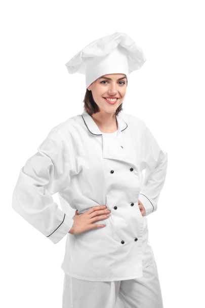 Young female chef on white background - Foto, Imagen