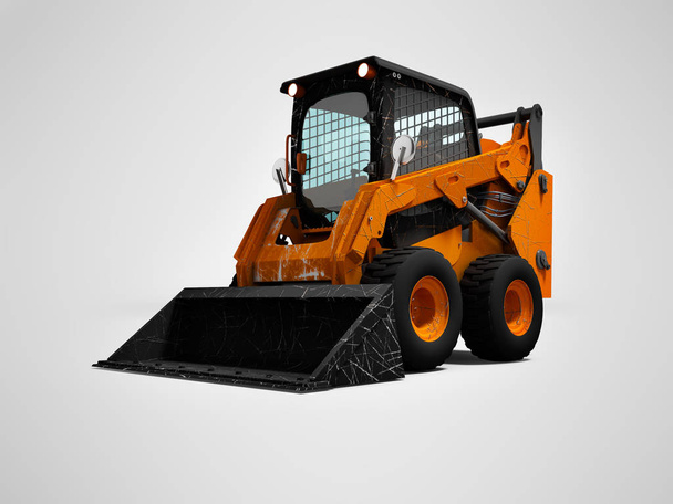 Old orange wheel loader on wheels with bucket 3d render on gray background with shadow - Photo, Image