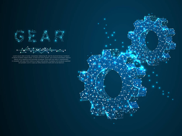 Gears. Poligonal draadframe gear 3d vectorillustratie op donker blauwe achtergrond. Ontwikkeling van de industrie, motor werk, oplossing bedrijfsconcept. Mechanische technologie machine engineering symbool - Vector, afbeelding